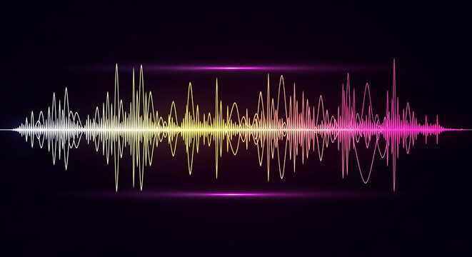 Colorful audio sound wave visualization on black background, digital equalizer frequency bars for music production and podcast media technology or voice recognition signal processing