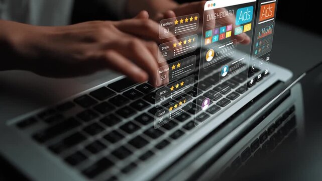 Digital marketing dashboard displayed on laptop with hands typing, showcasing user reviews, star ratings, and ad performance metrics for online businesses. Sigmoid