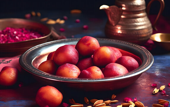 Fresh peaches arranged artfully on a metal plate surrounded by nuts and spices on a rustic table indoors with copperware.