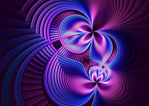 Abstract geometric neon lines fractal background with butterfly or flower shapes. Futuristic spirituality or technology concept.