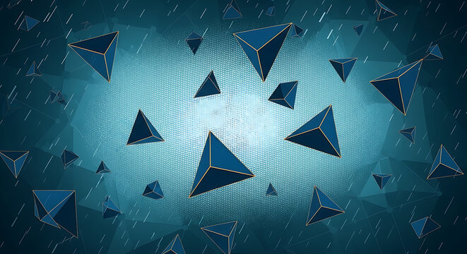 Abstract futuristic background with floating blue 3D pyramids and glowing mesh grid for technology data storage and cyber security concept visualization in corporate presentations and media