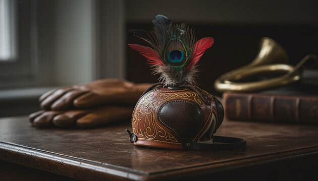 Bespoke leather falconry hood with gold embroidery and exotic feathers on oak table