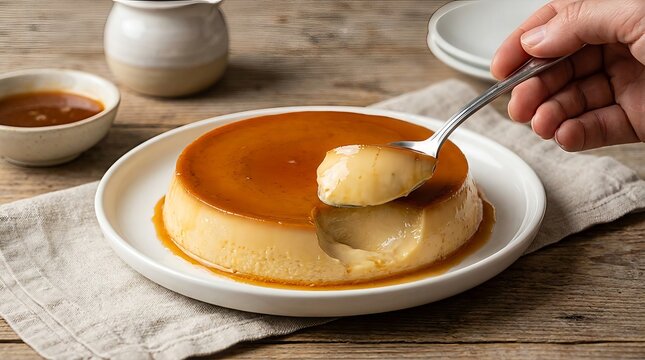 A close-up shot of a hand scooping a spoonful of creamy creme caramel flan from a white plate, showcasing its rich texture and golden caramel topping.