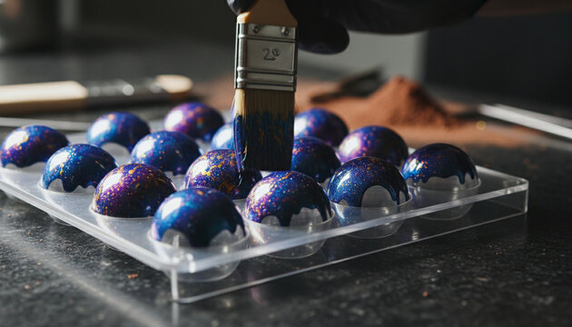 Chocolatier flicking vibrant blue and gold cocoa butter into clear polycarbonate mold