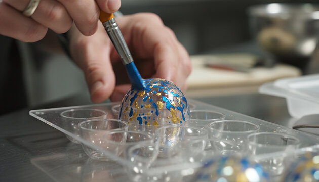 Chocolatier flicking vibrant blue and gold cocoa butter into clear polycarbonate mold