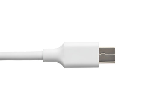 Close up of white micro usb charging and data transfer cable connector on white background for electronics and technology connection hardware