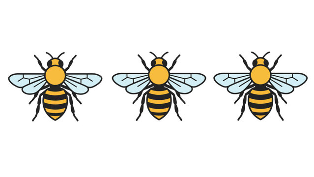 Three cartoon honey bees flying isolated on white. Simple vector illustration of striped insects. Cute bee icon set.