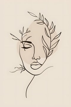 Minimal continuous line art female face blended with delicate botanical leaves and stems.