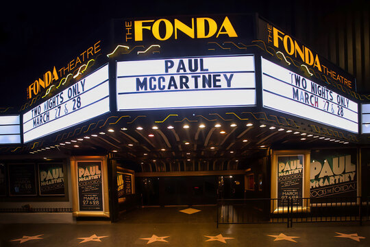 Paul McCartney's concert promoted on the marquee of the Fonda Theatre in Hollywood