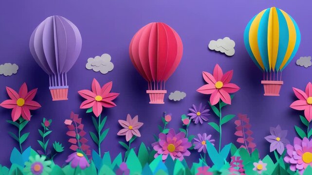 Handcrafted paper art featuring balloons and flowers, suitable for children's activities or decorating events.