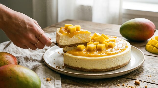 A hand serves a slice of creamy mango cheesecake, garnished with fresh mango chunks and a vibrant mango glaze, from a whole cake on a white plate.