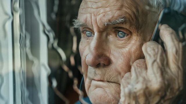 Old man looking out window in rain, contemplating life with distant gaze. Window streaked with raindrops.