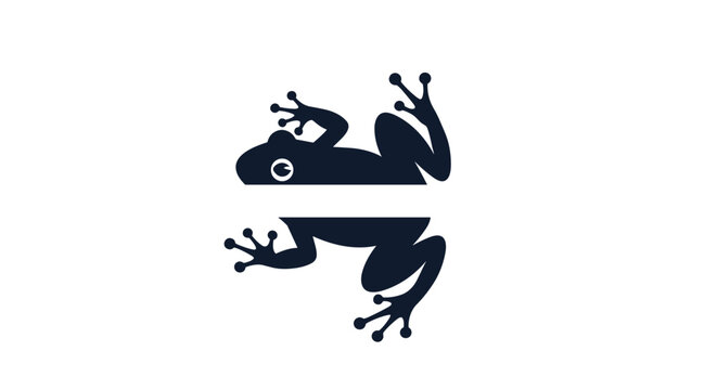 Black silhouette of a frog split horizontally in the middle on a white background for a logo or creative design element.