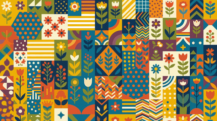 A vibrant, colorful mosaic pattern composed of numerous small squares and rectangles, each featuring stylized floral motifs, geometric shapes, and folk art designs in a rich palette of warm hues. © Abhinaya Project