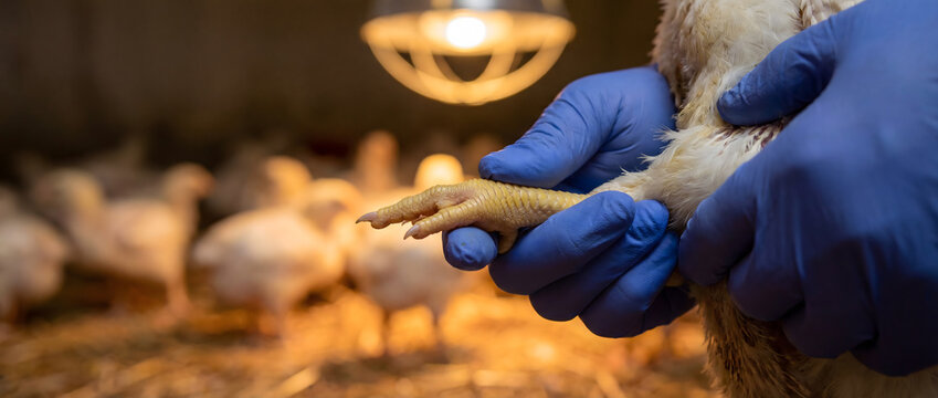 Veterinarian checking broiler chicken for health inspection at poultry farm