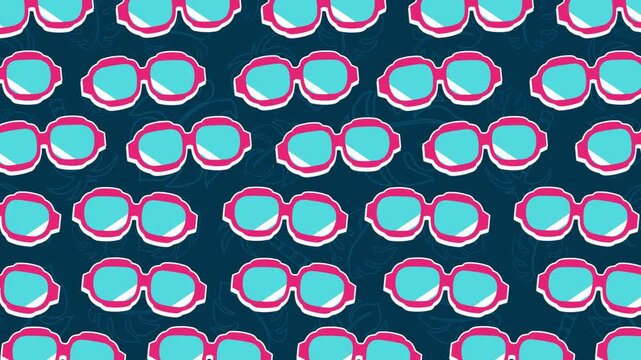 Summer Accessories Theme &ndash; Looping 4K animation of repeating sunglasses pattern on a dark tropical backdrop, creating a stylish seamless summer background ideal for fashion promos and seasonal content