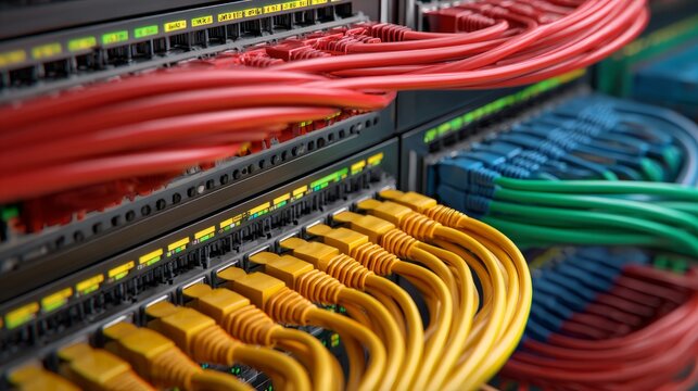 Network switch with connected ethernet cables in modern data center environment, high speed internet networking equipment showing structured cabling system, server room technology concept for cloud co