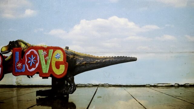 Two toy dinosaurs with peace and love signs  on an old wooden floor, stop motion loop 