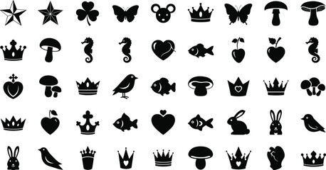 Large collection of cute silhouettes including stars crowns hearts mushrooms animals and nature elements representing childhood playfulness decorative icons creative design and whimsical patterns © JONI