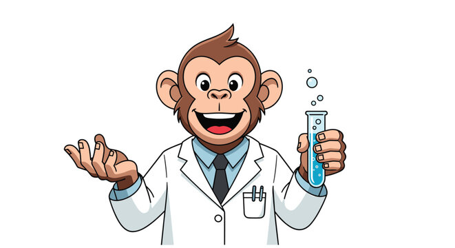 Intelligent cartoon monkey dressed as a scientist in a white lab coat holding a blue test tube with bubbles for experiments.