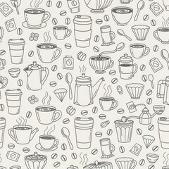 Fototapeta premium Seamless pattern with various coffee and tea elements on a light background outline art