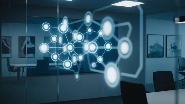 A futuristic digital network graphic floats over an empty modern office at night, symbolizing global connectivity, data transfer, and business intelligence in a high-tech corporate environment.