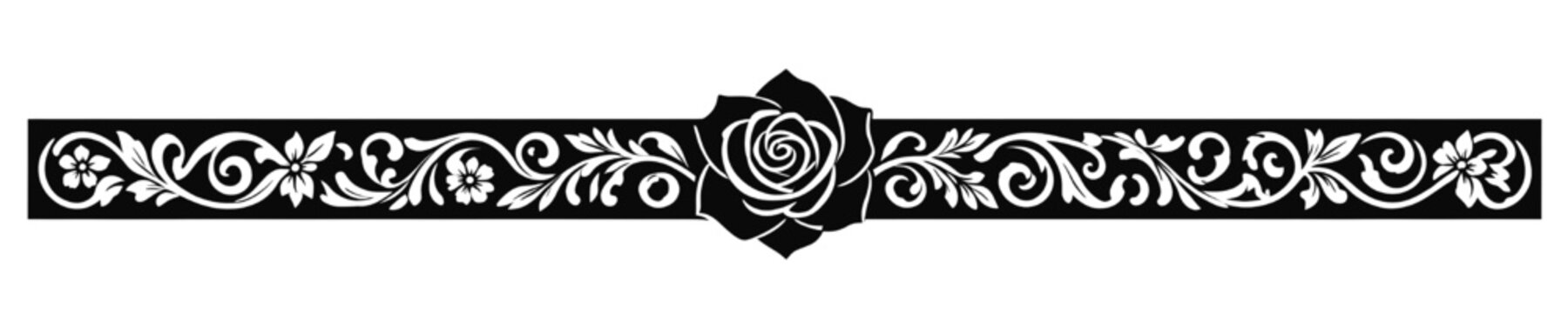 Ornate rose floral border divider with white decorative scrollwork on black background and central flower creating a high contrast horizontal design ideal for luxury invitations wedding layouts.