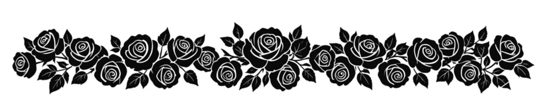 Black rose floral border with dense clusters of blooming flowers and leaves forming a rich decorative horizontal edge ideal for wedding designs invitations branding and romantic layouts