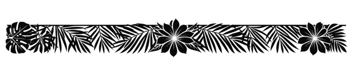 Black tropical leaf border with palm fronds monstera leaves and flowers forming a bold decorative horizontal design ideal for summer themes travel branding and exotic layouts © Arun
