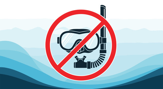 Prohibited snorkeling mask and snorkel icon with a red prohibition sign on an abstract blue wavy background of water.