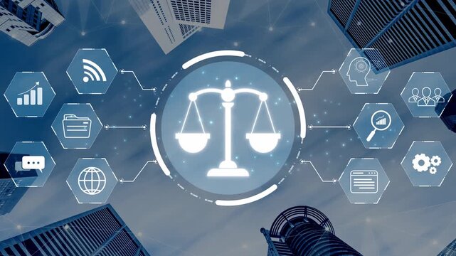Futuristic digital law interface displaying justice scale, highlighting digital law, AI compliance, digital law systems, and digital law regulations for secure governance. Muxer