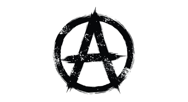 Black anarchy symbol with a grunge and distressed texture on a white background representing rebellion and political ideology.