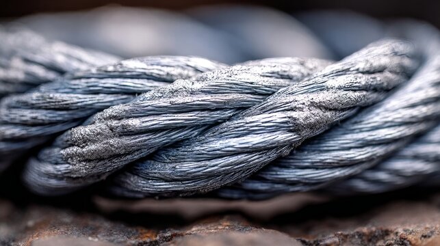 Close-up of heavy duty steel wire rope cable with strong metallic texture symbolizing industrial strength, construction engineering infrastructure, safety systems, durability and modern heavy equipmen