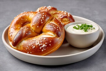 Fototapeta premium Salty soft pretzel with cheese dip served on plate