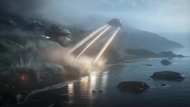 Aliens bombing earth with futuristic spaceships in a realistic coastal scene featuring sci-fi, invasion, destruction with war and space elements for