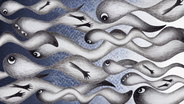 abstract spirit soul monster ghost spiritual life spirituality mind infinite transmigration samsara endless cycle death rebirth art design illustration watercolor painting black white cartoon drawing