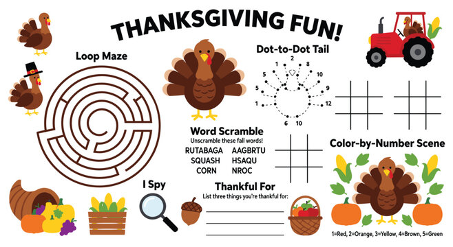 Engaging thanksgiving activity sheet for children features festive turkey, challenging loop maze, dot-to-dot game, word scramble, tic-tac-toe, and color-by-number scene.