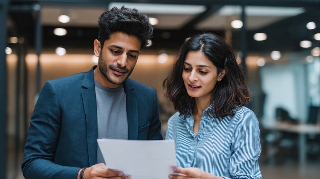 South Asian Tech Worker Reviews Work Authorization Documents With Corporate Immigration Attorney in Modern Office Setting