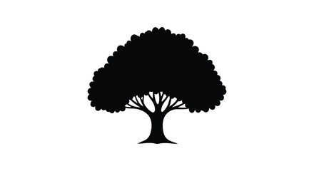 A stark silhouette of a full leafy tree stands prominently against a plain white background creating a simple image high quality © Bsicon02