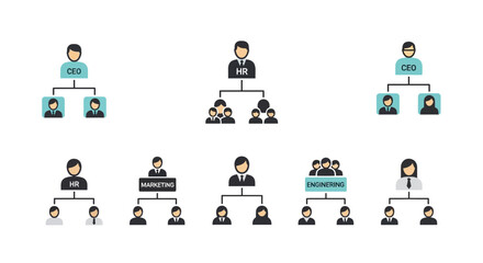 Naklejka premium Organizational Structure Flat Vector Illustration Set, Company Hierarchy Variations, Team Structure Diagram, Corporate Management System, Business Organization Charts Collection for UI UX Design