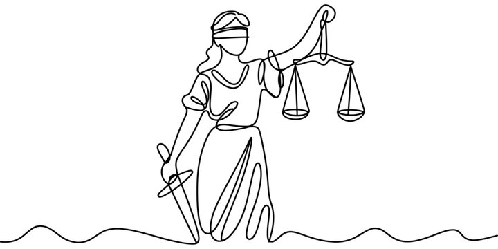 A single line drawing of the lady justice figure holding a balance scale and a sword in her hand