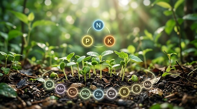 Young plant sprouts with nutrient icons representing vitamins and minerals essential for growth in natural soil setting