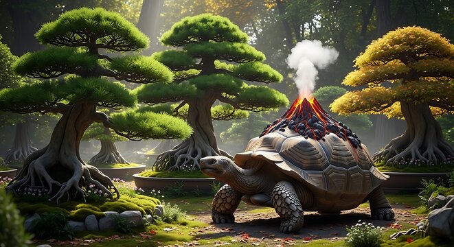 Mythical giant turtle carrying a volcano and forest on its back, ancient fantasy creature landscape concept.