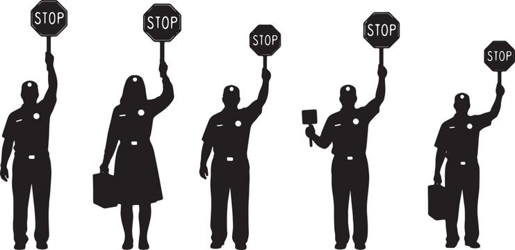 Black Solid Crossing Guards Stop Signs Silhouettes Set of Six on White Background