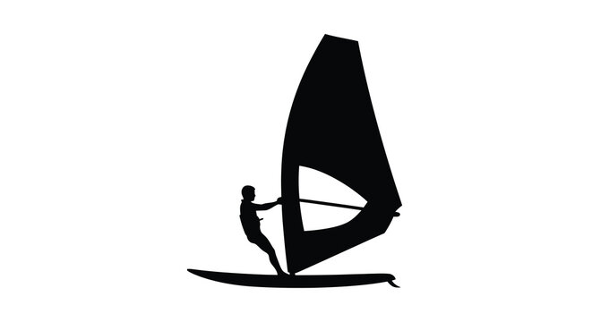 A silhouetted image depicts a windsurfer skillfully riding a wave leaning into the wind with a full sail high quality professional
