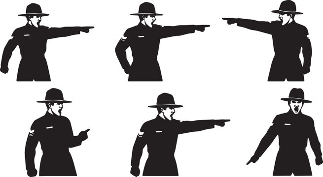 Black Solid Drill Sergeants Pointing Shouting Silhouettes Set of Six on White Background