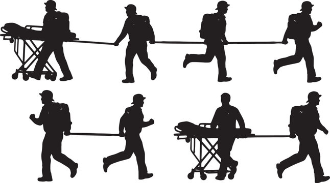Black Solid Emergency Paramedics Stretcher Silhouettes Set of Six on White Background