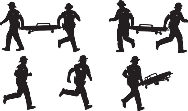 Black Solid Emergency Paramedics Stretcher Silhouettes Set of Six on White Background