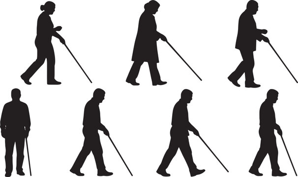 Black Solid Blind Cane Walking Silhouettes Set of Six on White Background