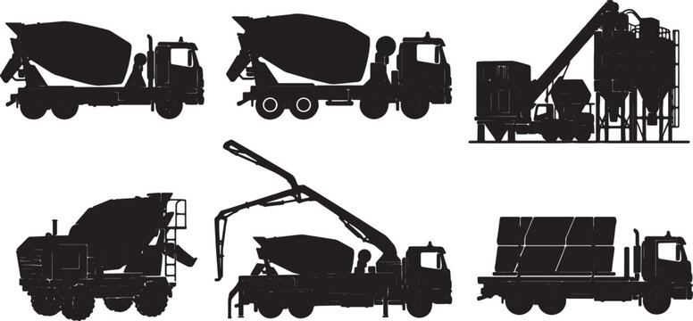 Black Solid Different Types of Cement Mixer Silhouettes Set of Six on White Background